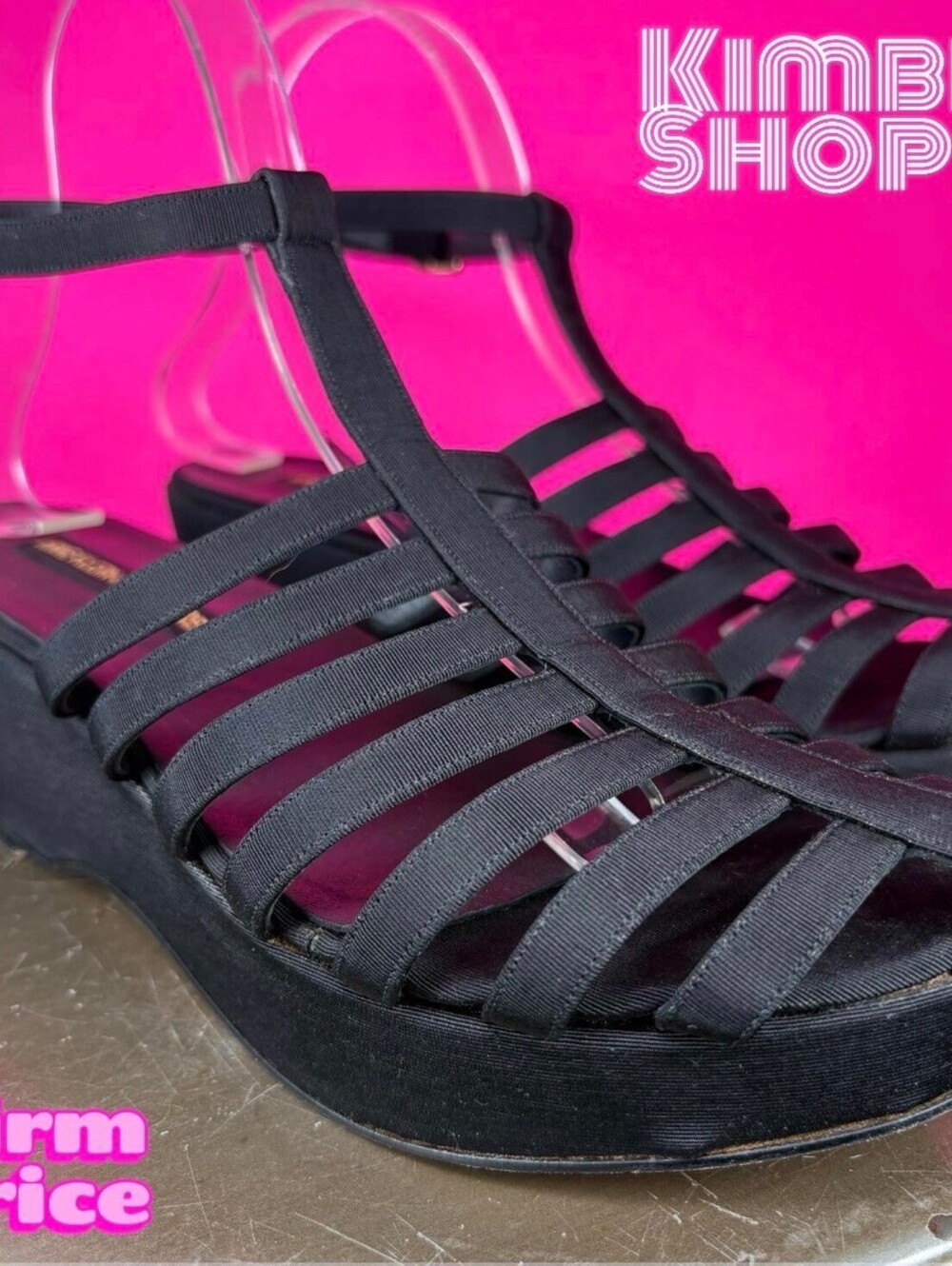 Vintage Anne Klein Couture Black Fisherman T-Strap Platform Wedge Sandal US 8.5